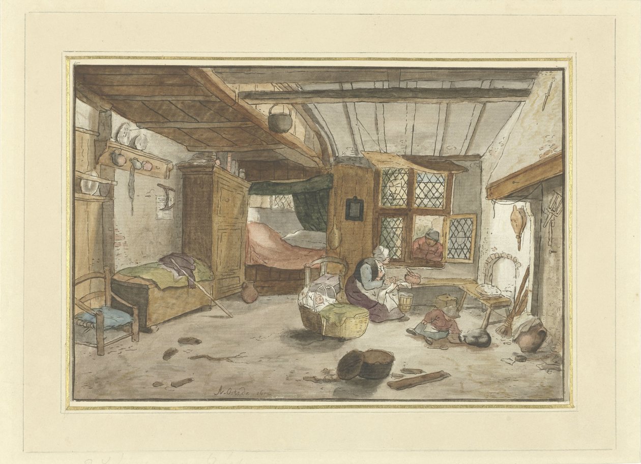 Interior with Woman by Cradle by Cornelis Ploos van Amstel