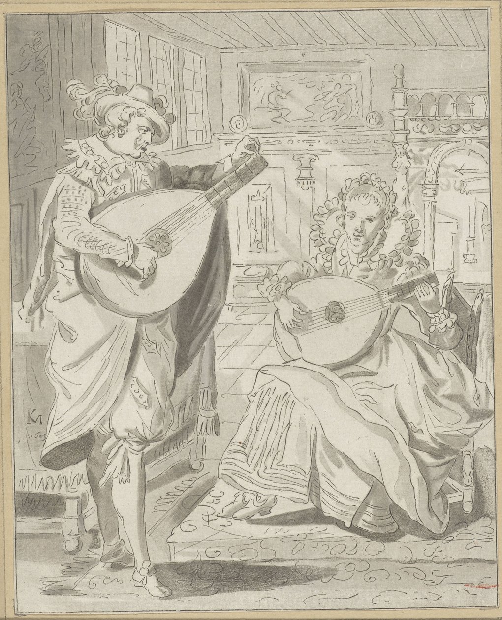 Gentleman and Lady Playing Lute by Cornelis Ploos van Amstel