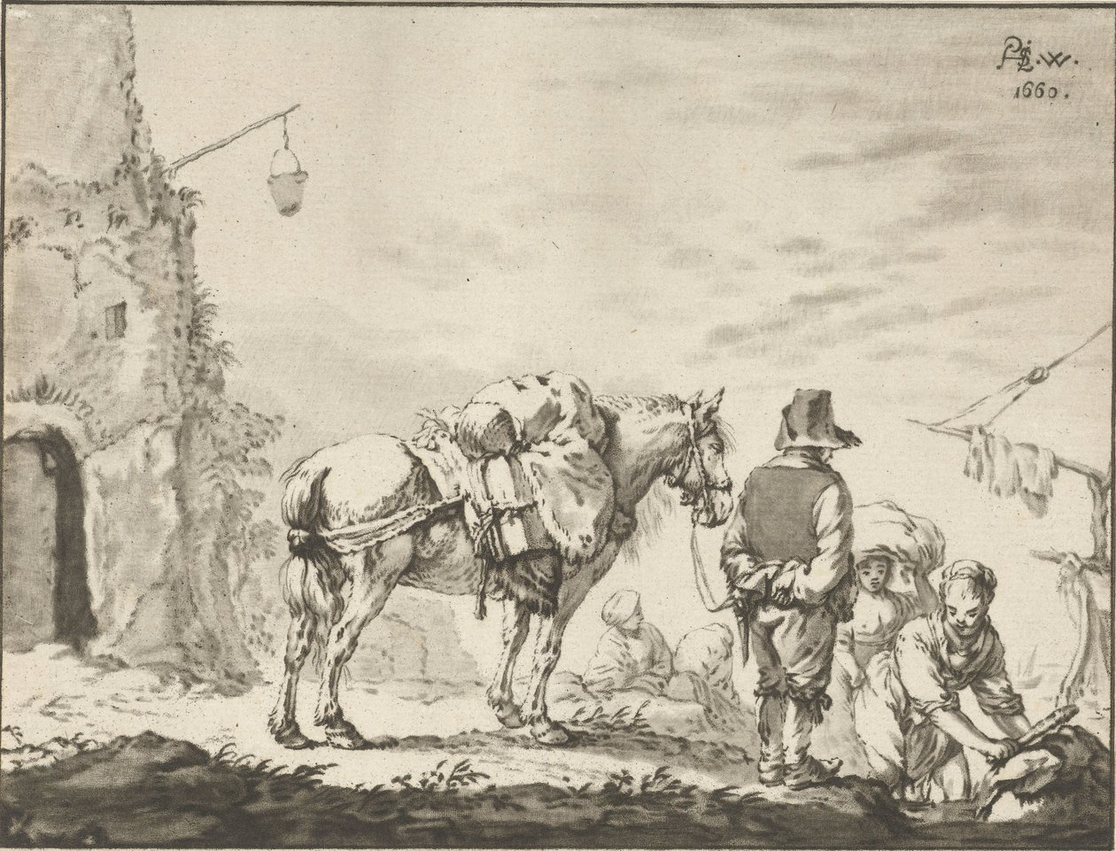 Man with Horse by Washerwoman by Cornelis Ploos van Amstel