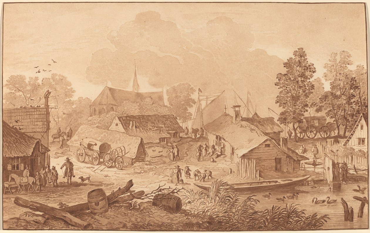 Village with Pond by Cornelis Ploos van Amstel