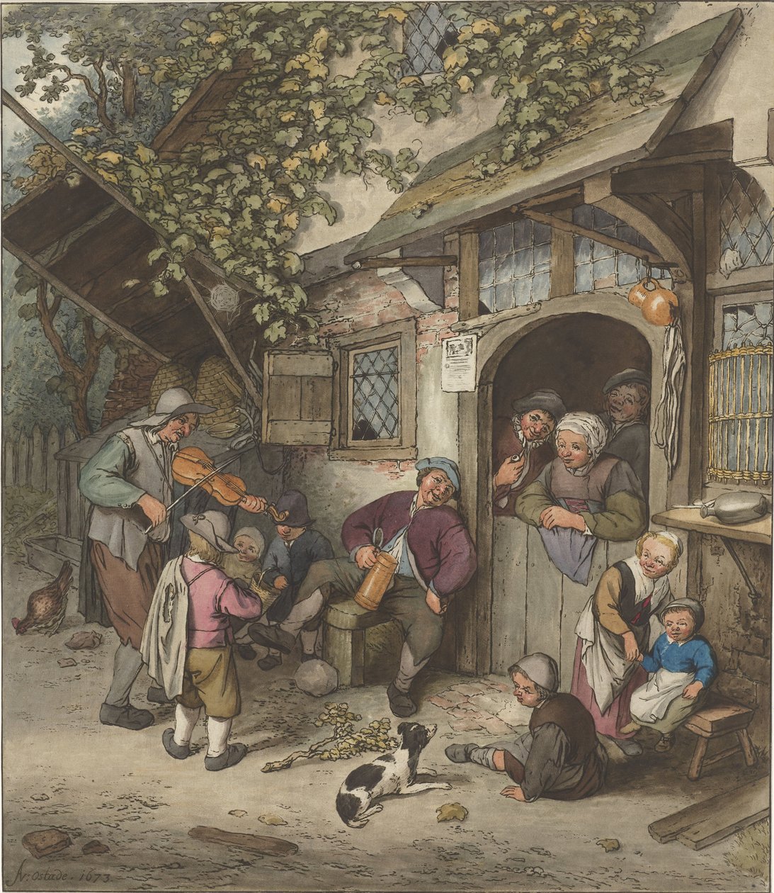 Violinist in front of an inn by Cornelis Ploos van Amstel
