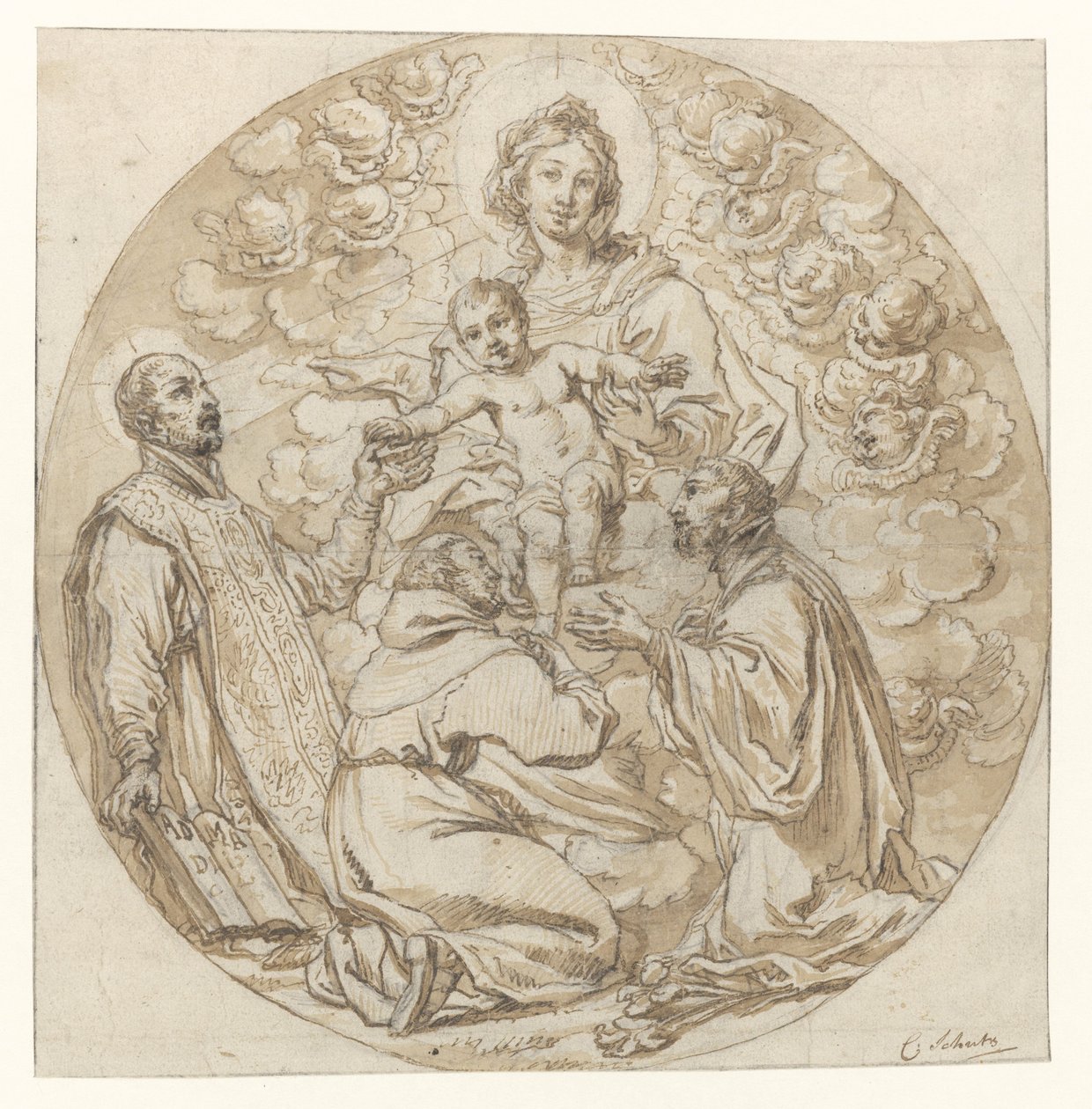 Mary with Child Adored by Saint Ignatius of Loyola, Saint Francis Xavier, and a Holy Monk by Cornelis Schut (I)
