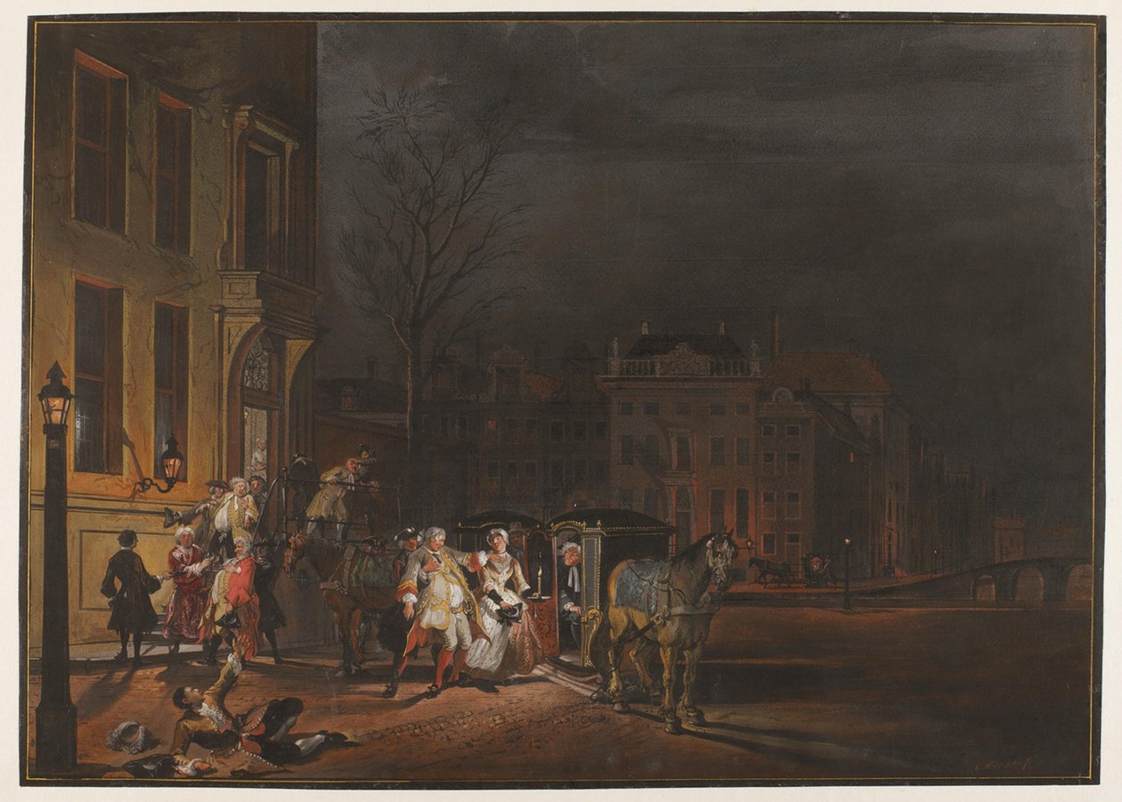 The Departure of a Company of Distinguished Gentlemen after a Merry Evening Party by Cornelis Troost