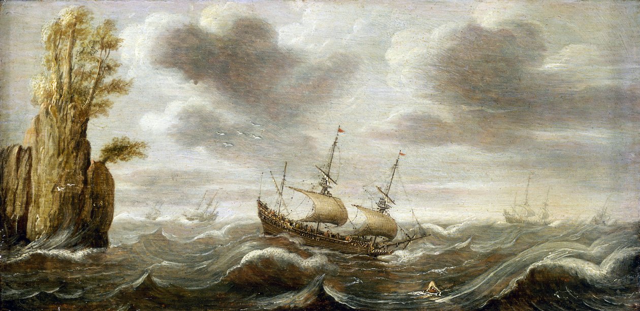 Dutch boat on a turbulent sea, spinning off a rock, with vegetation at its summit, other boats are represented on the horizon by Cornelis Verbeeck