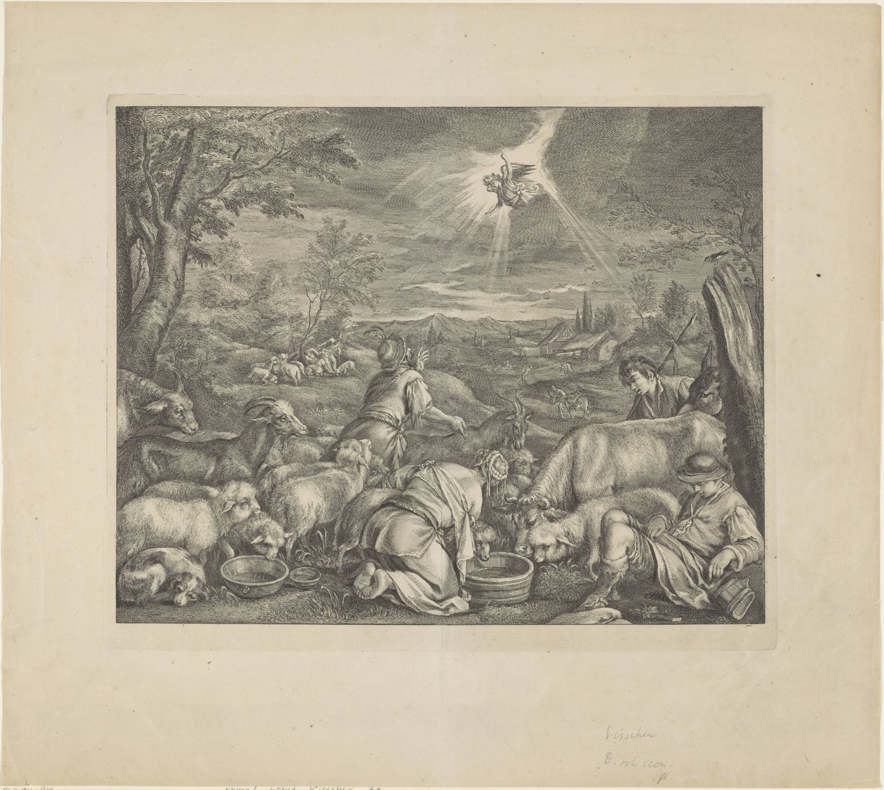 Abraham Departs for Shechem / Annunciation to the Shepherds (series title: Royal Bible) by Cornelis Visscher (II)