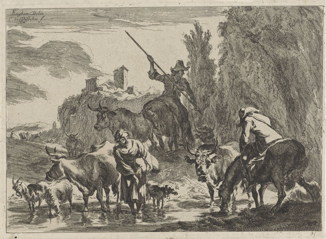 Shepherds with Cattle Wading Through a Stream (Landscapes) by Cornelis Visscher (II)