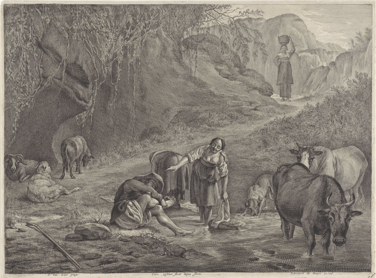 Washerwomen and a Shepherd by the Waterside by Cornelis Visscher (II)