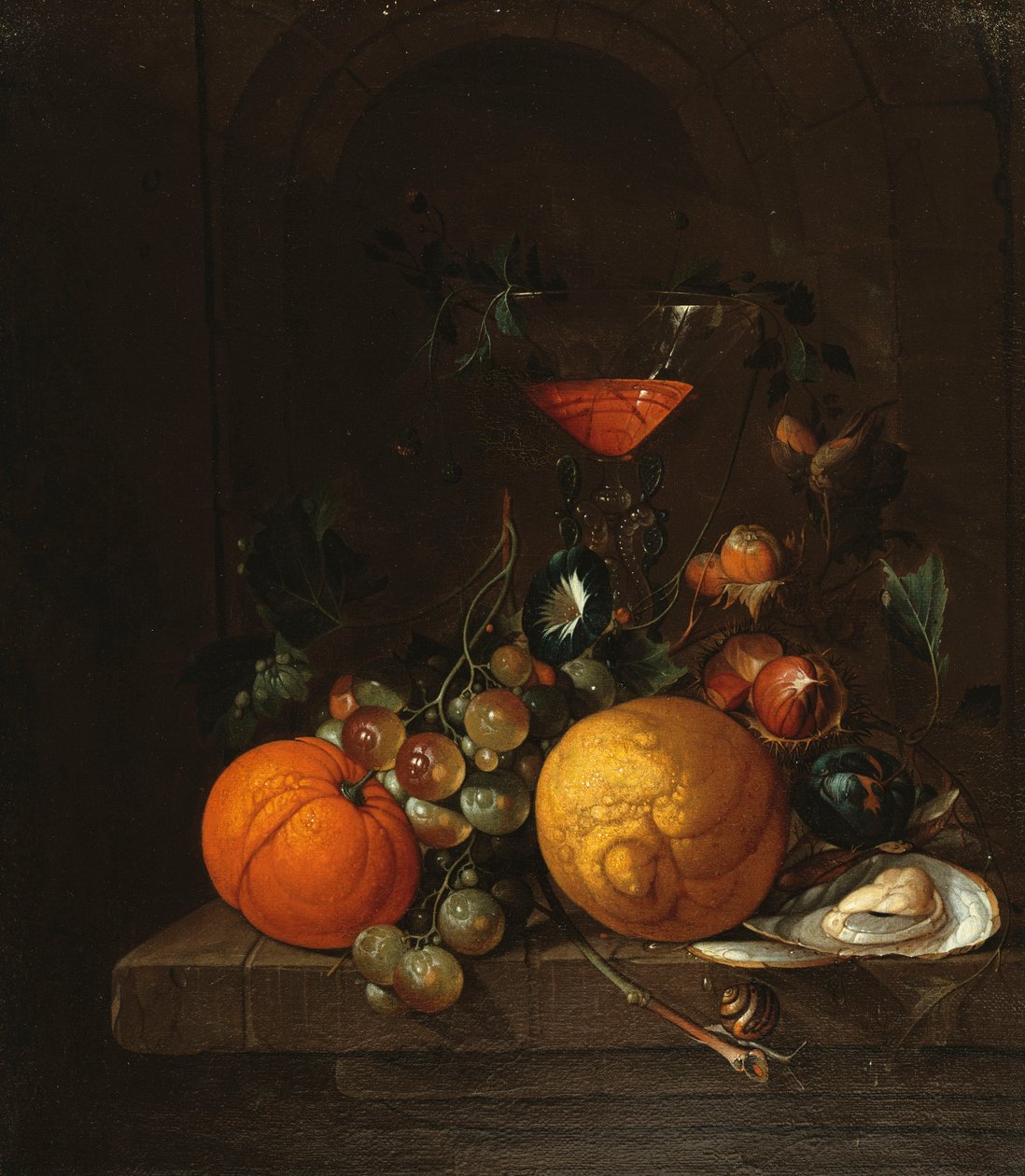 A Lemon, an Orange, Grapes, an Oyster, and a Glass of Wine on a Ledge by Cornelis de Heem