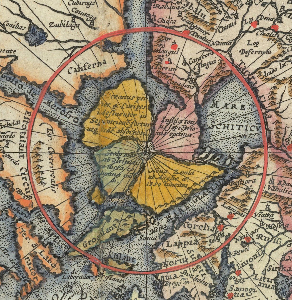 Detail of World Map - Arctic with Magnetic Island as North Pole by Cornelis de Jode