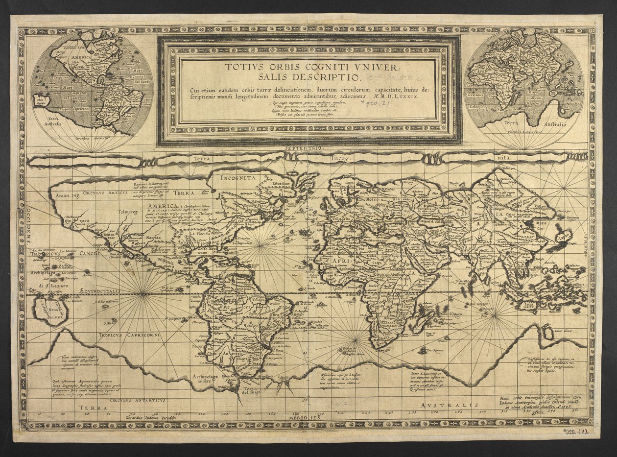 World map, Totius Orbis cognier universalis descriptio by Cornelis de Jode