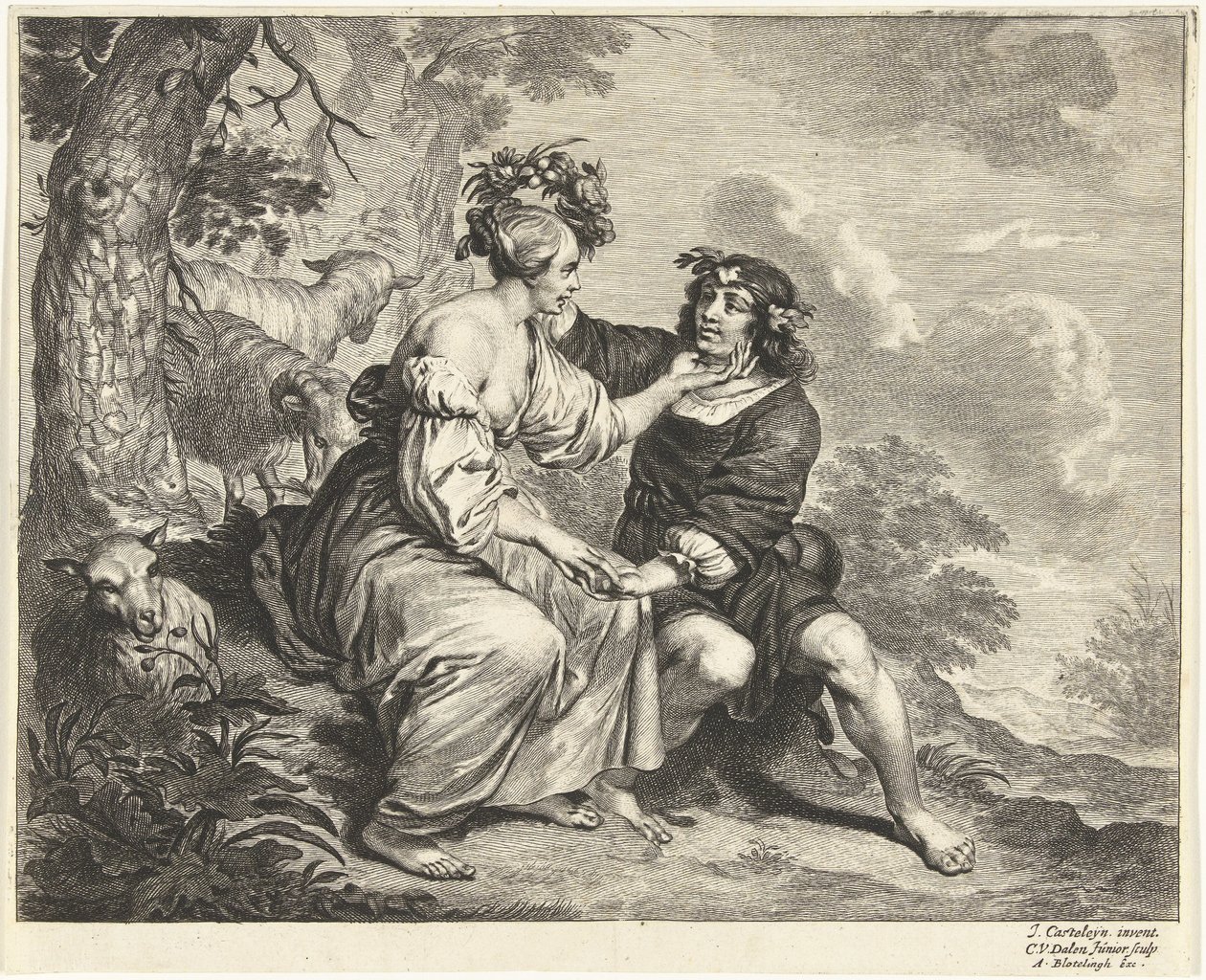 Shepherd and shepherdess in landscape by Cornelis van Dalen (II)