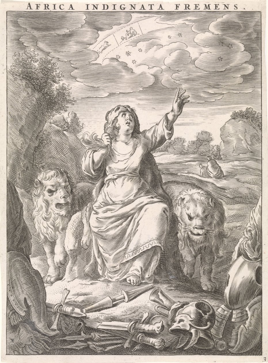 Female Personification of the Continent Africa as a Woman with Lion Skin Sitting Among Lions (Africa indignata fremens) (title on object) (Four Continents) (series title) by Cornelis van Dalen (II)