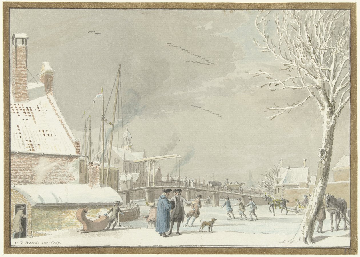 Frozen City Canal with Skaters by Cornelis van Noorde