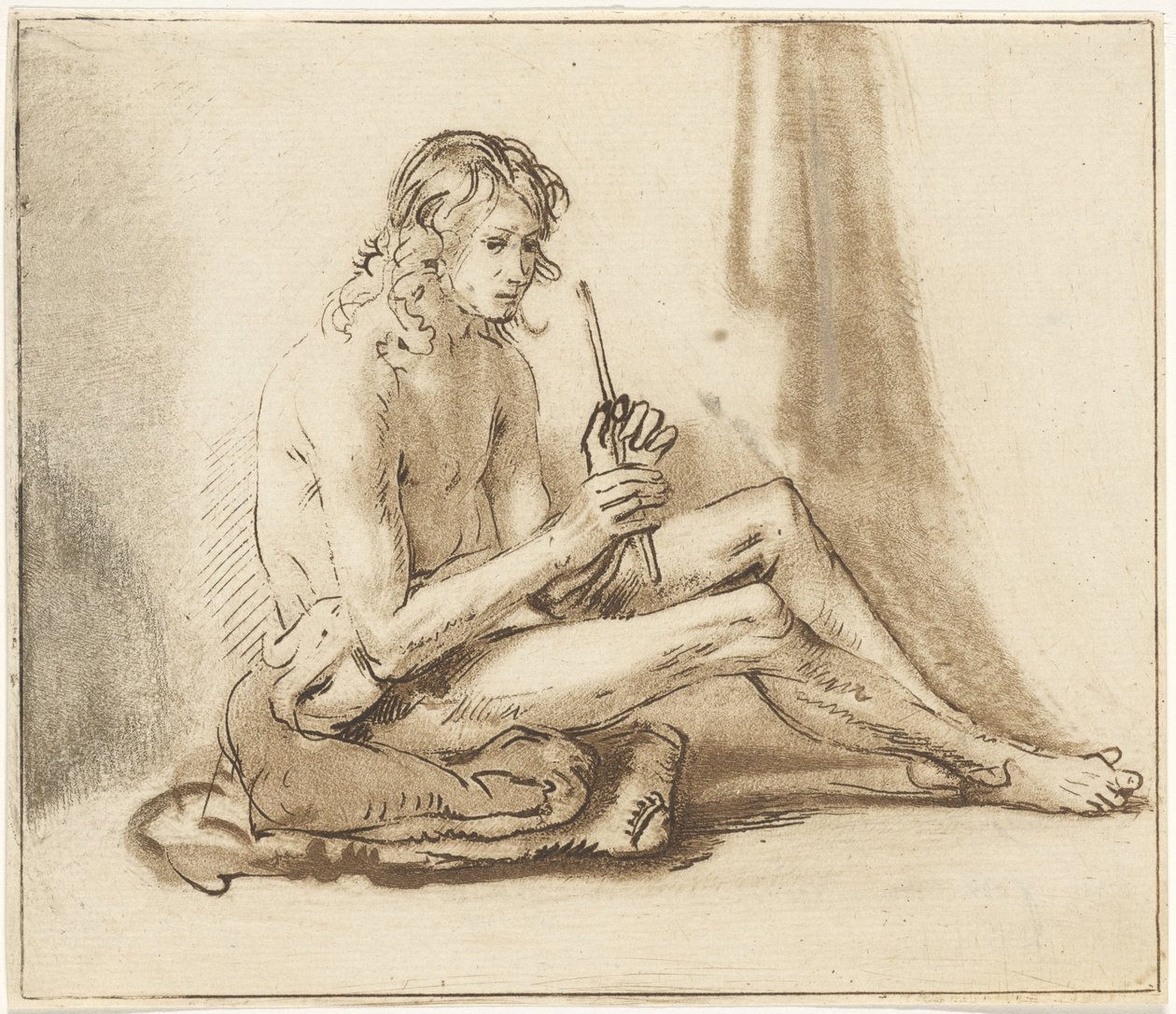 Seated Naked Man with Flute by Cornelis van Noorde