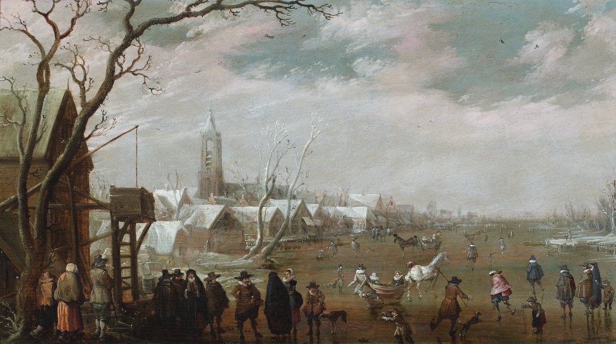 A Village Scene in Winter with Figures on the Ice by Cornelius Droochsloot