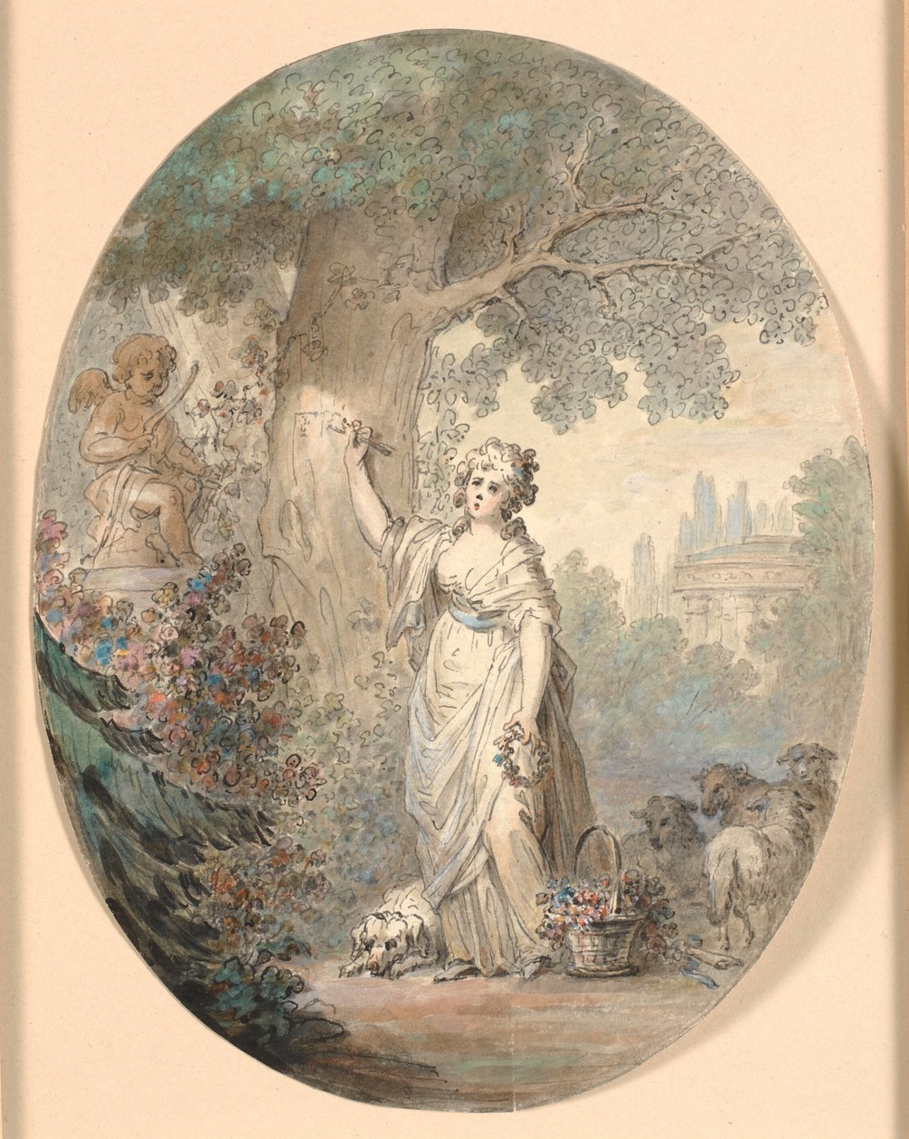 Shepherdess Carving a Sign in a Tree by Cornelius Høyer