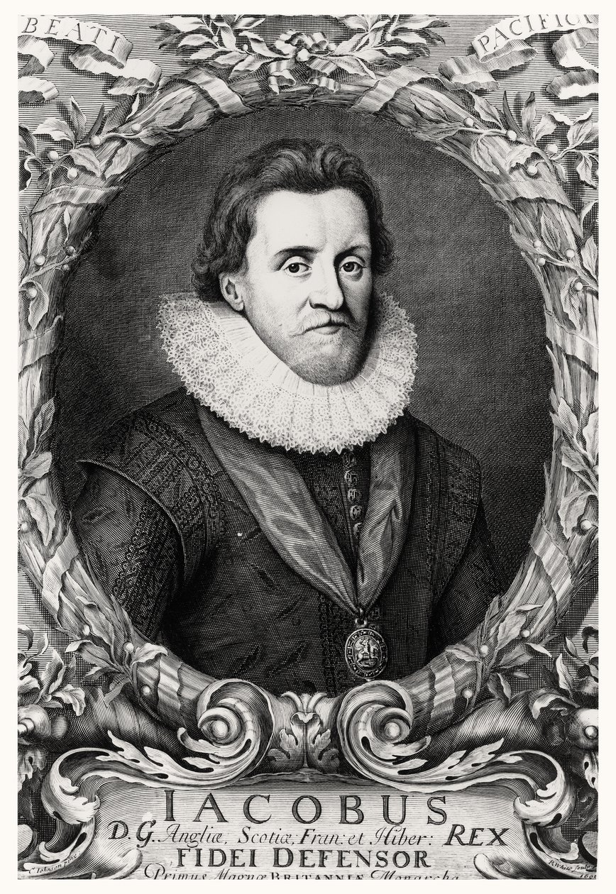 Portrait of James I, King of Great Britain, engraved by R.White by Cornelius I after Johnson