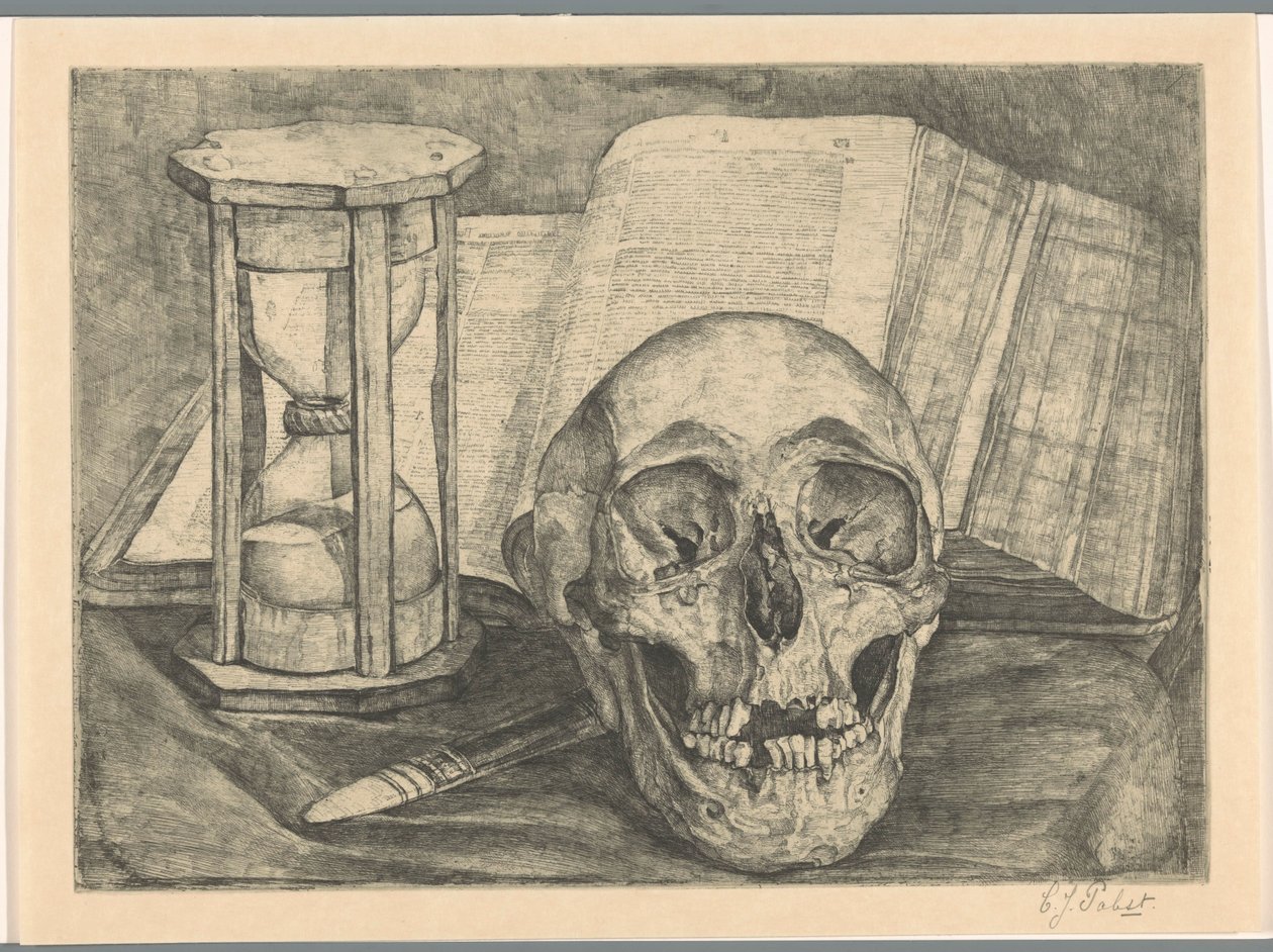 Still Life with a Skull, an Hourglass, a Book, and a Knife by Corrie Pabst (signed by artist)