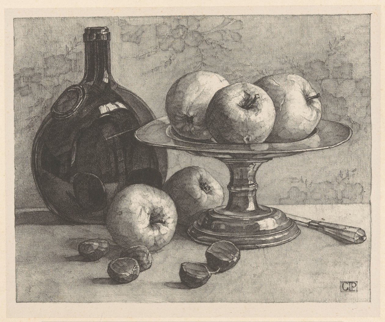 Still Life with a Bottle, a Bowl, Apples, Chestnuts, and a Knife by Corrie Pabst