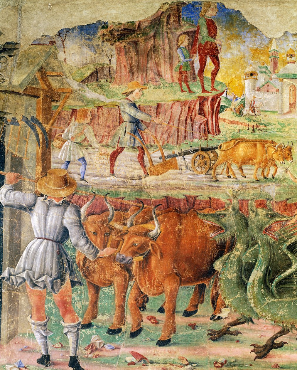 Agricultural picture, detail from Triumph of Ceres, scene from Month of August, attributed to Cosimo Tura, and Master of Ercole, fresco, north wall, Hall of the Months, Palazzo Schifanoia, Ferrara, Emilia-Romagna, Italy by Cosimo (attr. to) Tura
