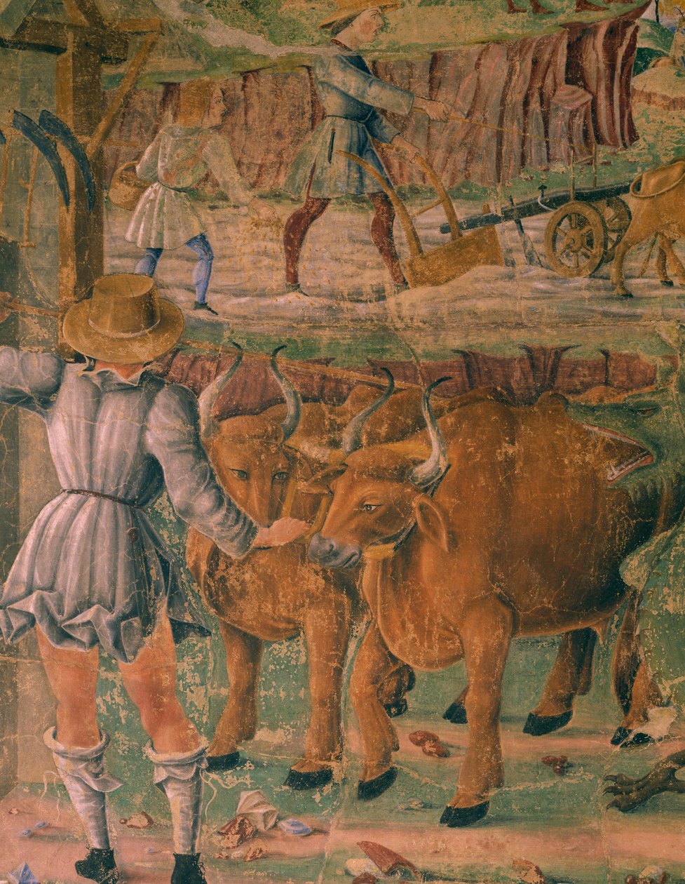 Pictures of country life, detail from Triumph of Ceres, scene from Month of August, attributed to Cosimo Tura and Master of Ercole, fresco, north wall, Hall of Months, Palazzo Schifanoia, Ferrara, Italy, circa 1470 by Cosimo (attr. to) Tura