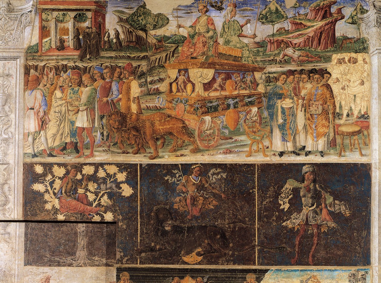 Triumph of Jupiter and Cybele and Sign of Lion, scenes from Month of July, Hall of Months, Palazzo Schifanoia, Ferrara, Italy by Cosimo Tura