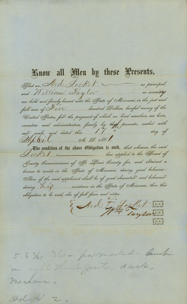 Ned Locket Free Negro Bond by County Court of St.Louis