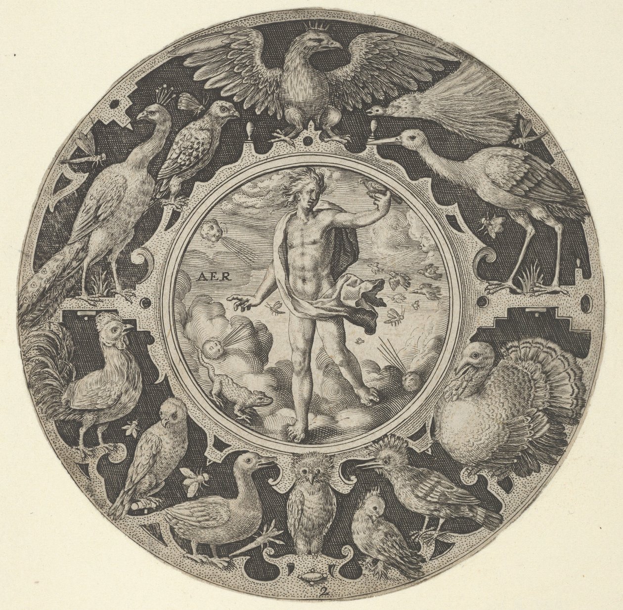 Aer in a Decorative Border with Birds, from a Series of Circular Designs with the F, 1590-1612 by Crispijn de Passe I