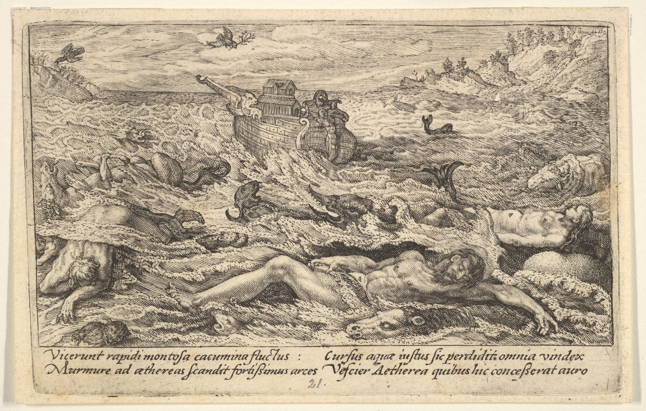 The Flood destroys life on earth: corpses of humans and animals adrift in the foreground, 1612 by Crispijn de Passe I