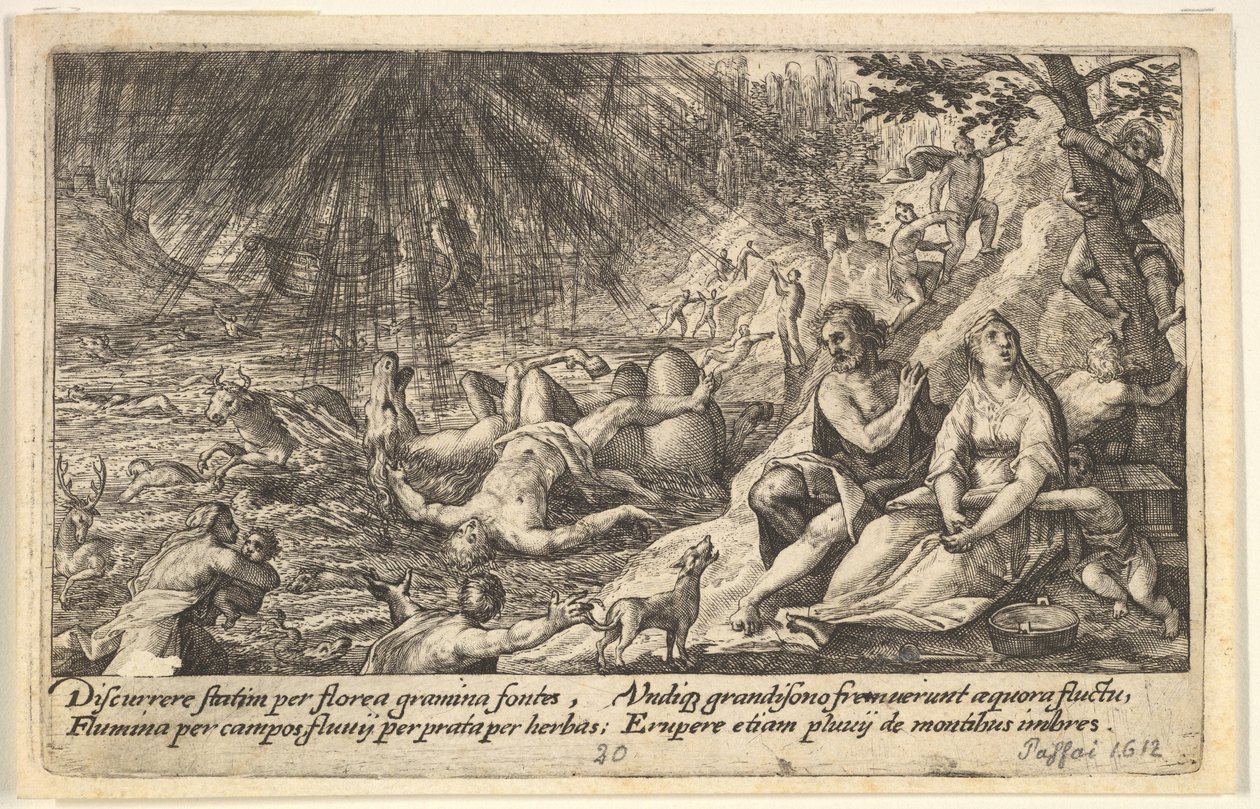 The Beginning of the Flood: Men and Women Climb to Higher Ground at Right, Water Overtaking by Crispijn de Passe I