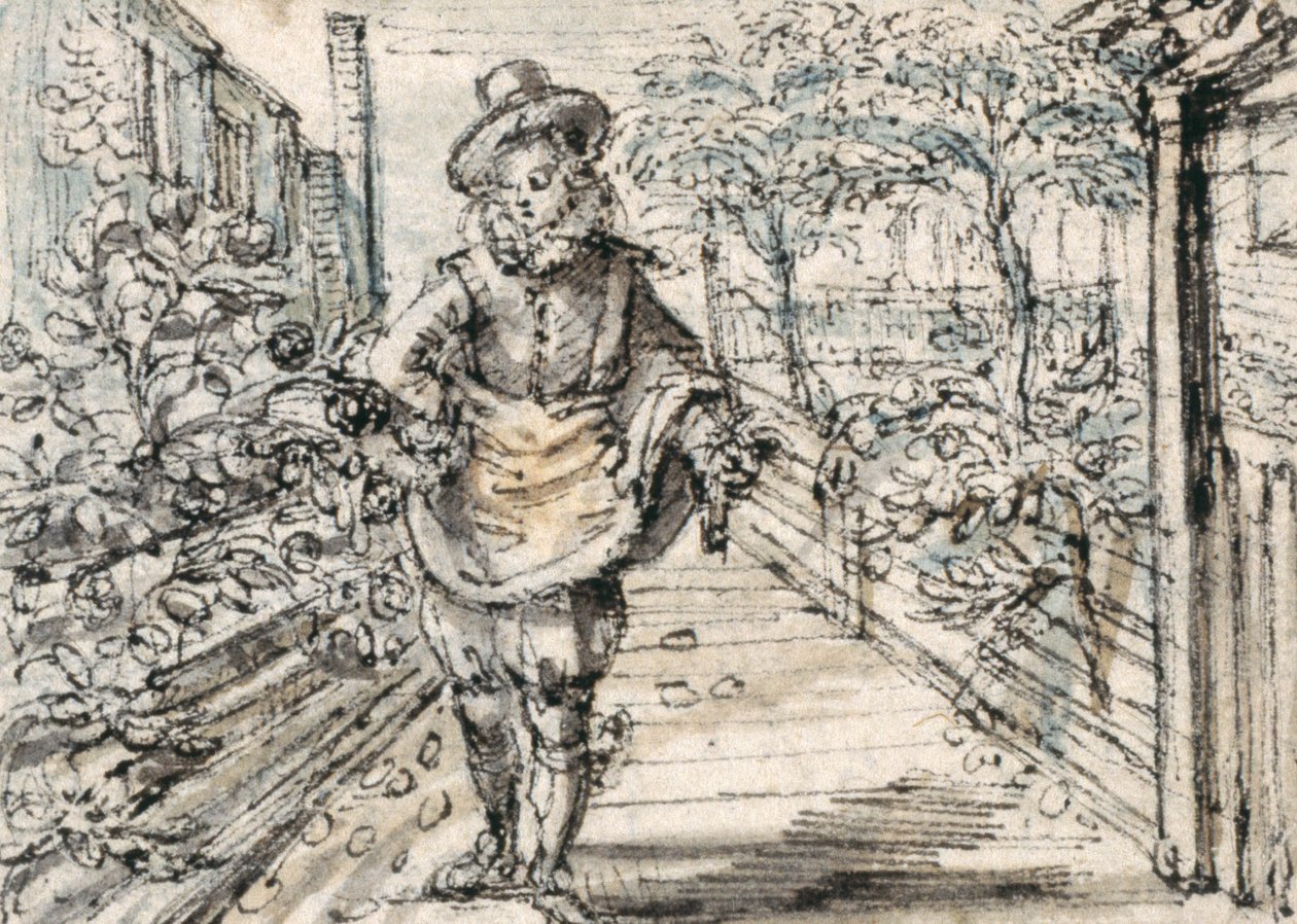 A fashionably dressed youth strolls in a town rose garden by Crispin I de Passe