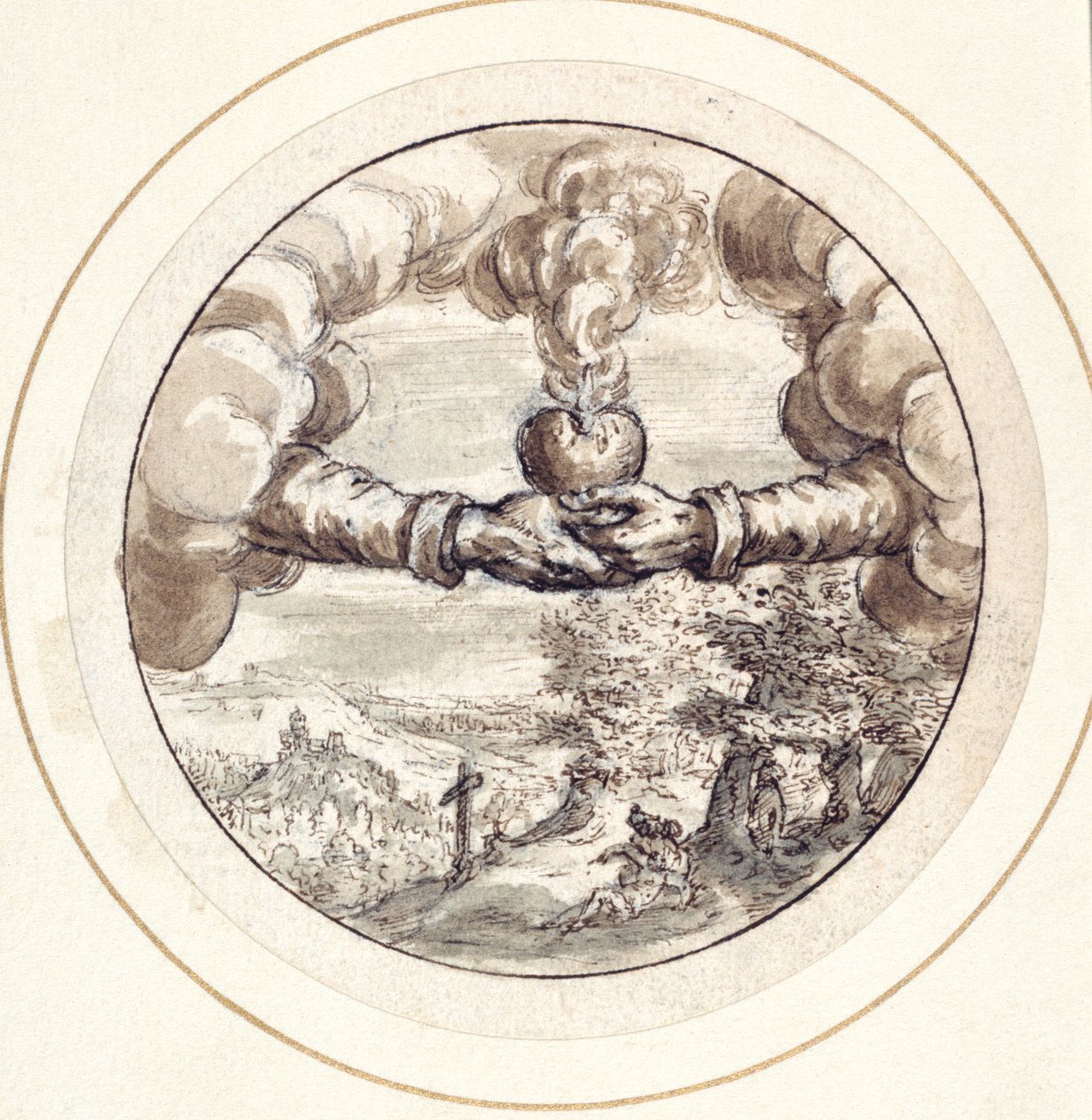 Hands holding a flaming heart and imperial crown with a view of Circus Maximus by Crispin I de Passe
