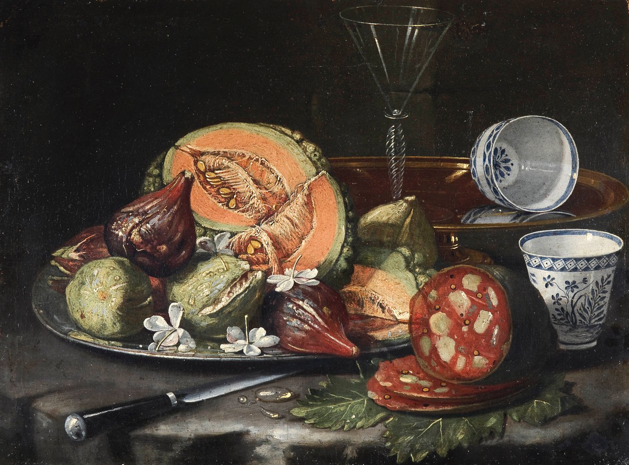 Still Life: Melon, Sausage, Figs, and Chinese Porcelains by Cristoforo Munari