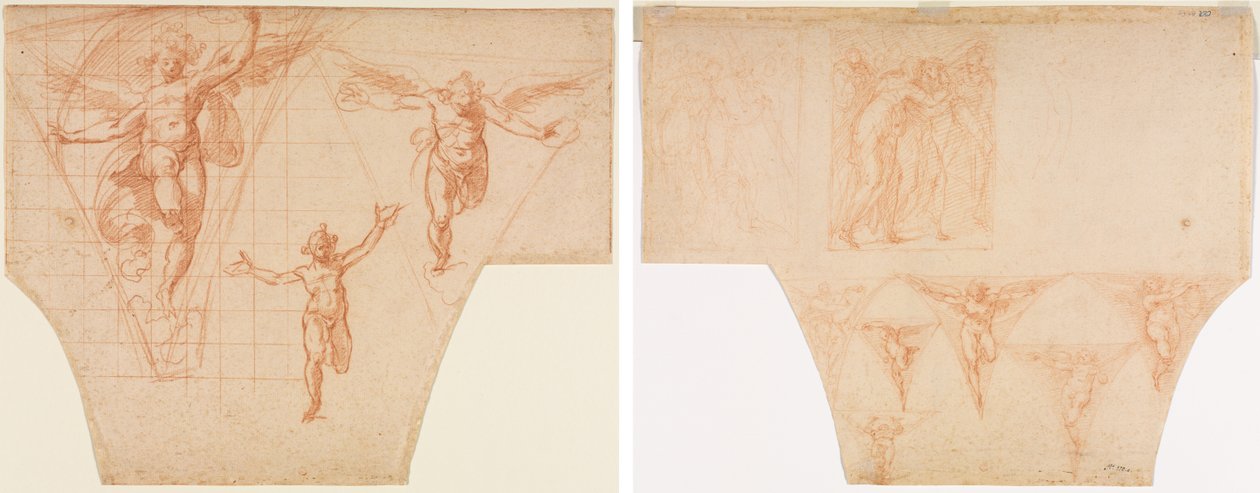 Three Studies of Angels for a Pendentive (recto); Studies for Christ Meeting His Mother on the Road to Calvary, Studies of an Angel in a Pendentive (verso) by Cristoforo Roncalli