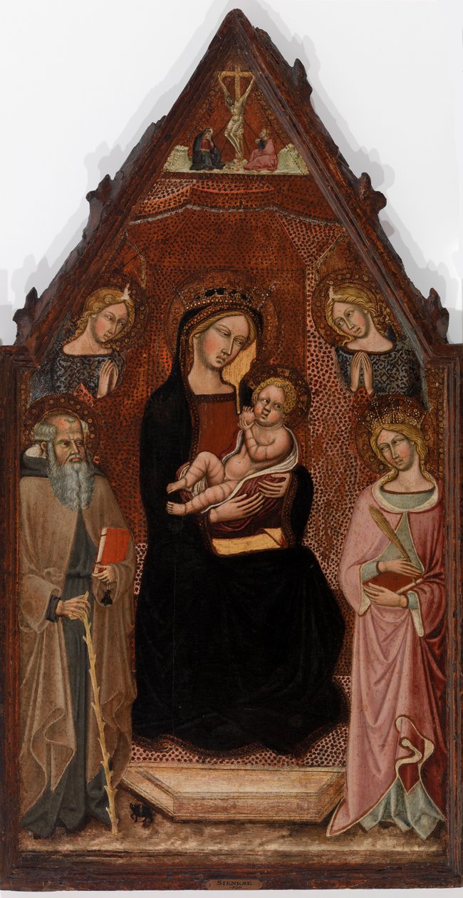 Virgin and Child with Two Angels and Saints Anthony Abbot and Catherine of Alexandria and the Crucifixion by Cristoforo di Bindoccio, Meo