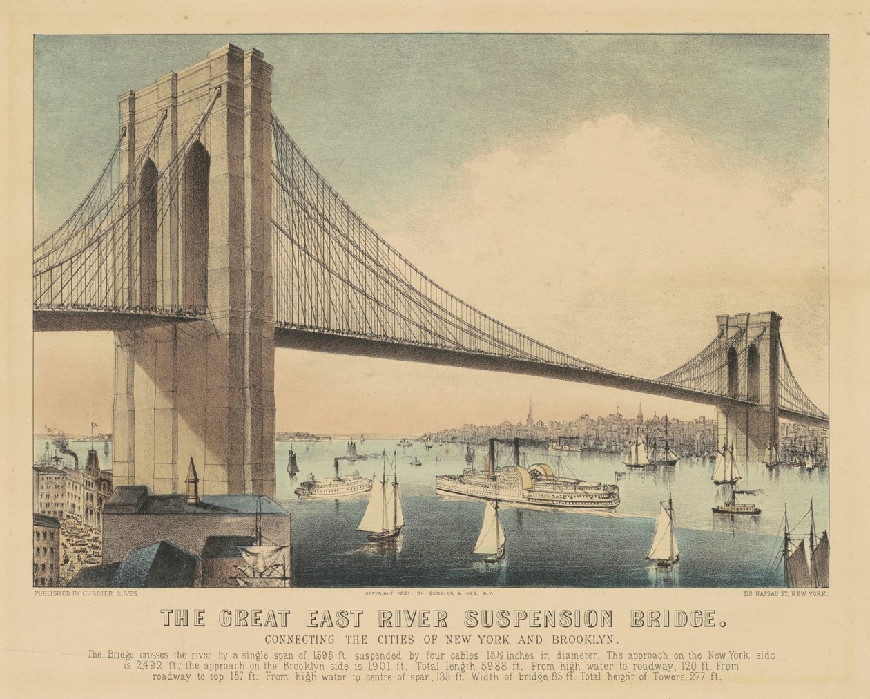 The Great East River Suspension Bridge: Connecting the Cities of New York and Brooklyn by Currier and Ives