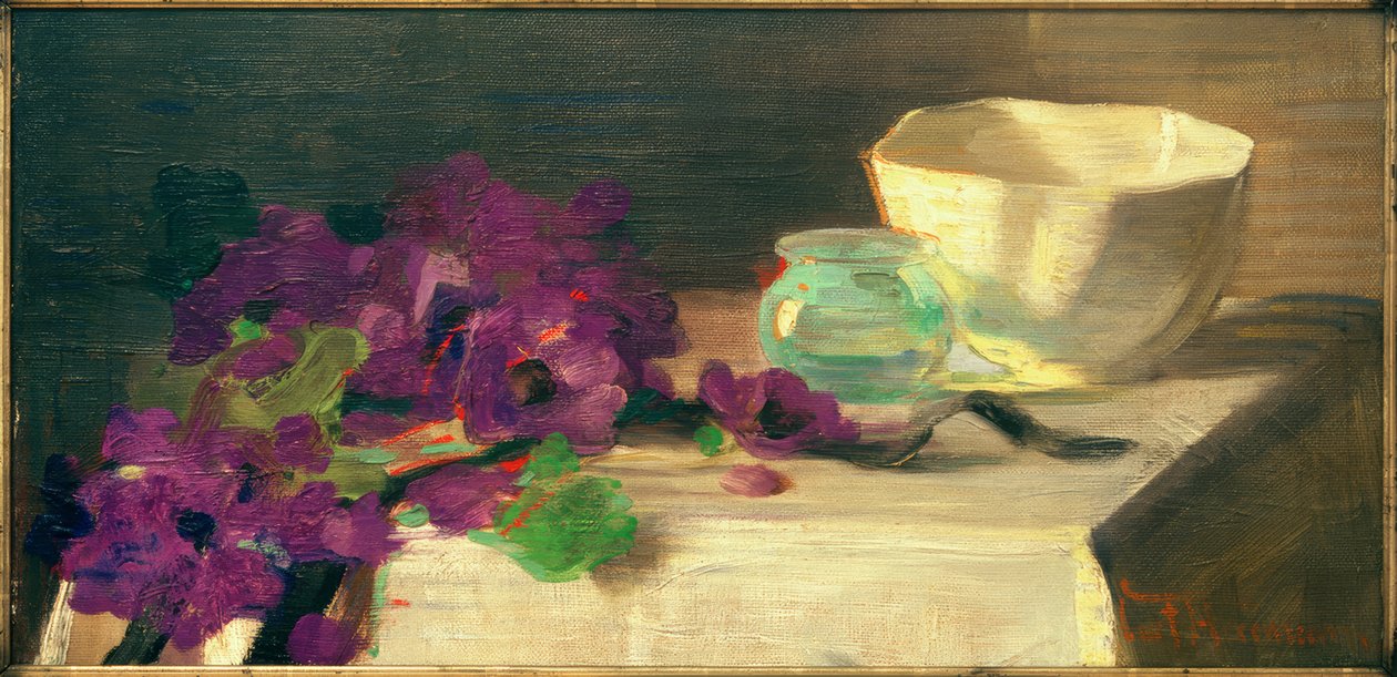 Still Life with Anemones, Glass Vase, and Porcelain Bowl by Curt Herrmann