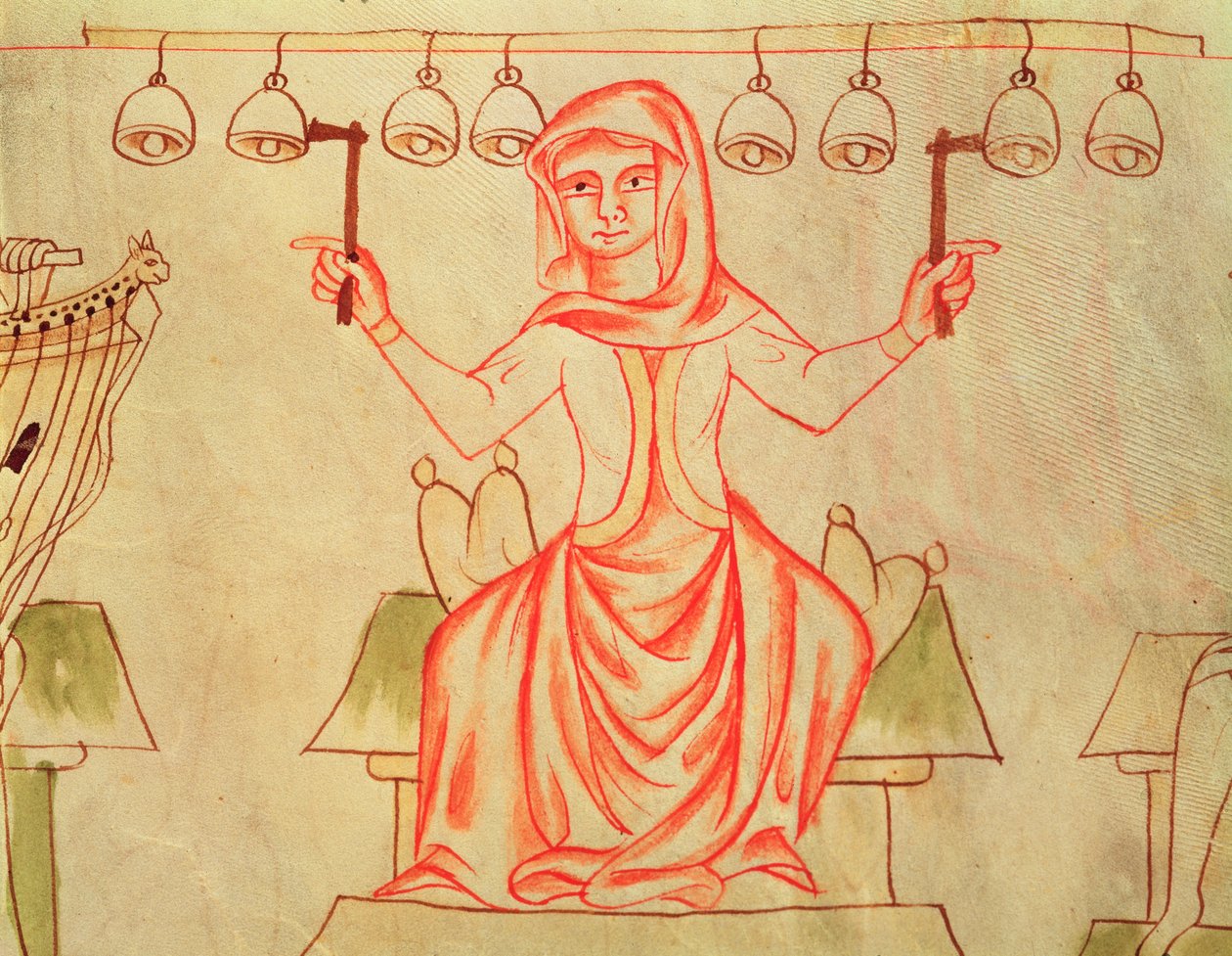 Musician Playing Bells, from the Velislav Bible, c.1340 by Czech School