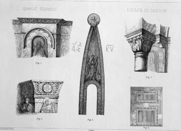 Capitals and architectural details from the narthex of Kahrije Dzamissi, the Church of the Saviour, from 