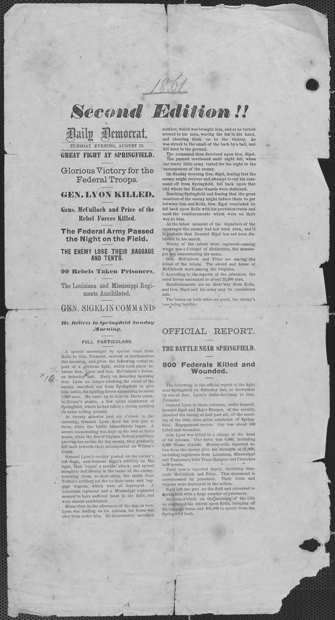 Account of the Battle of Wilson’s Creek, Missouri by Daily Democrat