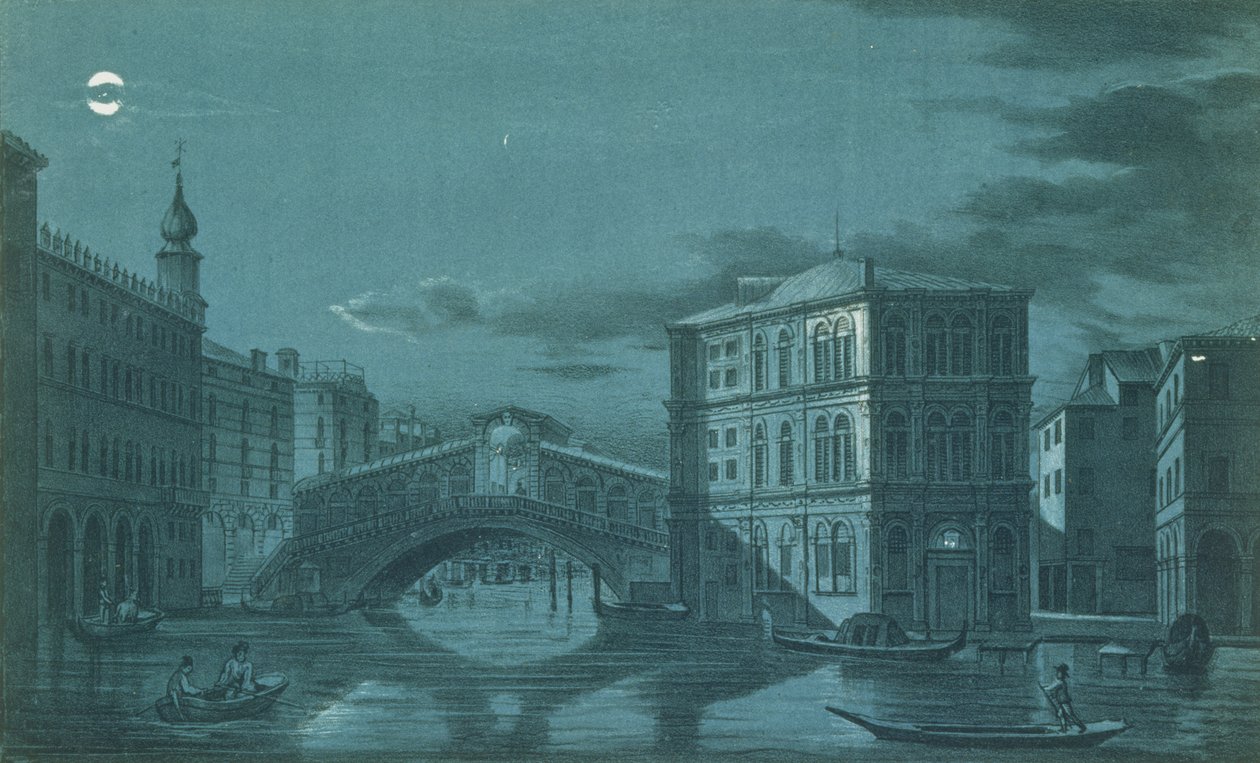 Nocturnal Scene of the Ponte di Rialto, Venice, engraved by Brizeghel by Dalda