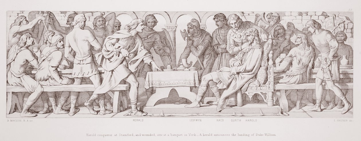 Harold, conqueror at Stamford, and wounded, sits at a banquet in York, and a herald announces the landing of Duke William by Daniel Maclise