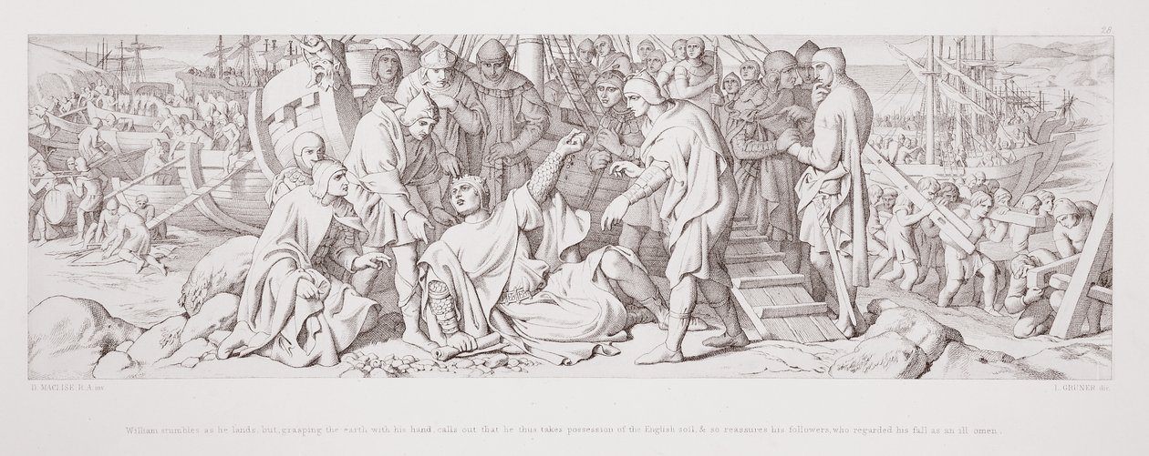 William Stumbles as He Lands, but, Grasping the Earth with His Hand, Calls Out that He Takes Possession of the English Soil, and So Reassures His Followers, Who Regarded His Fall as an Ill Omen by Daniel Maclise