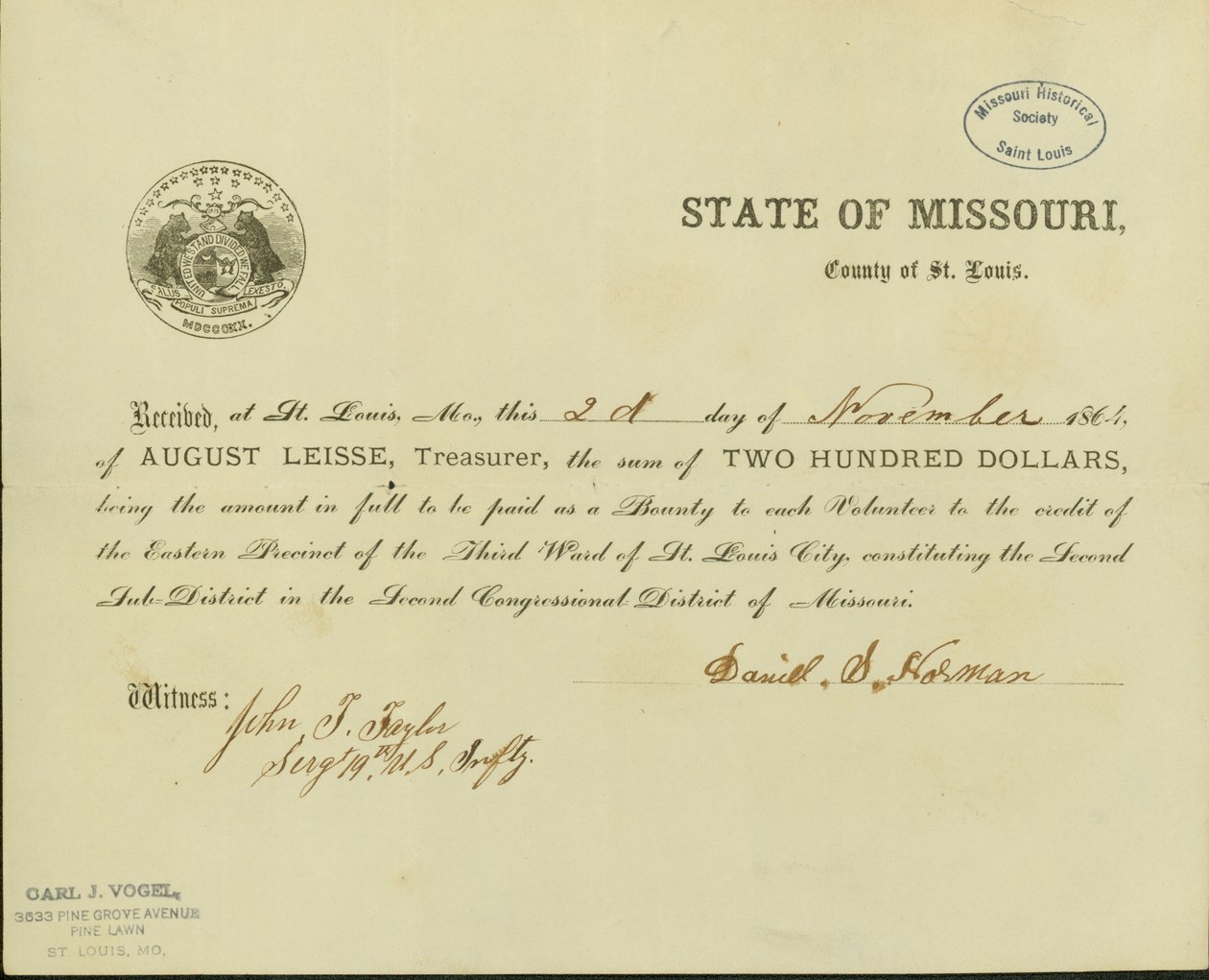 States that Daniel S. Horman received from August Leisse, the Treasurer of the State of Missouri, County of St. Louis, two hundred dollars as bounty by Daniel S. Horman