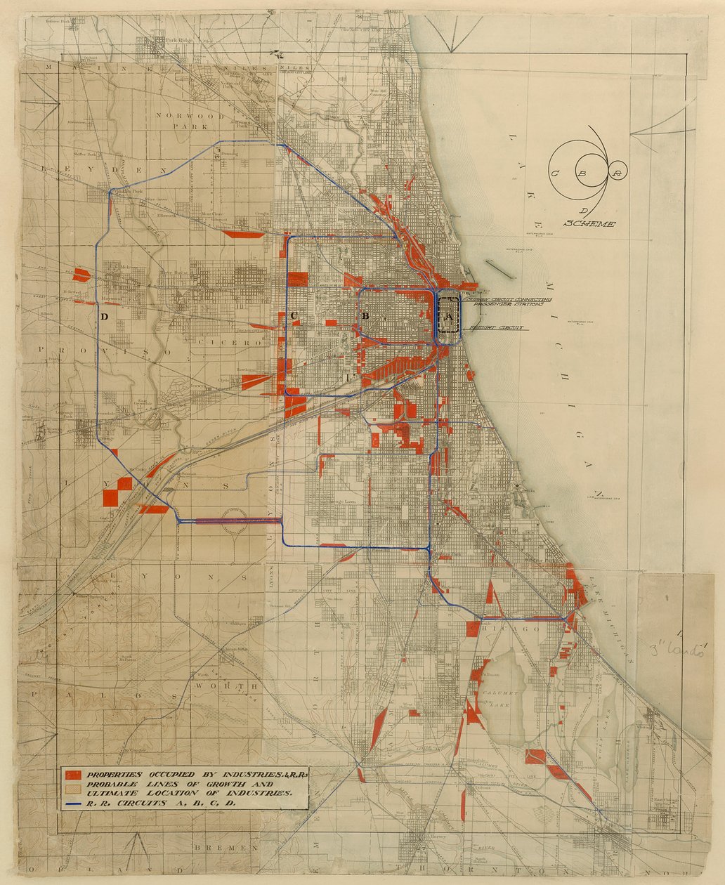 Plan of Chicago, Chicago, Illinois, Railroad Circuits Diagram by Daniel Burnham
