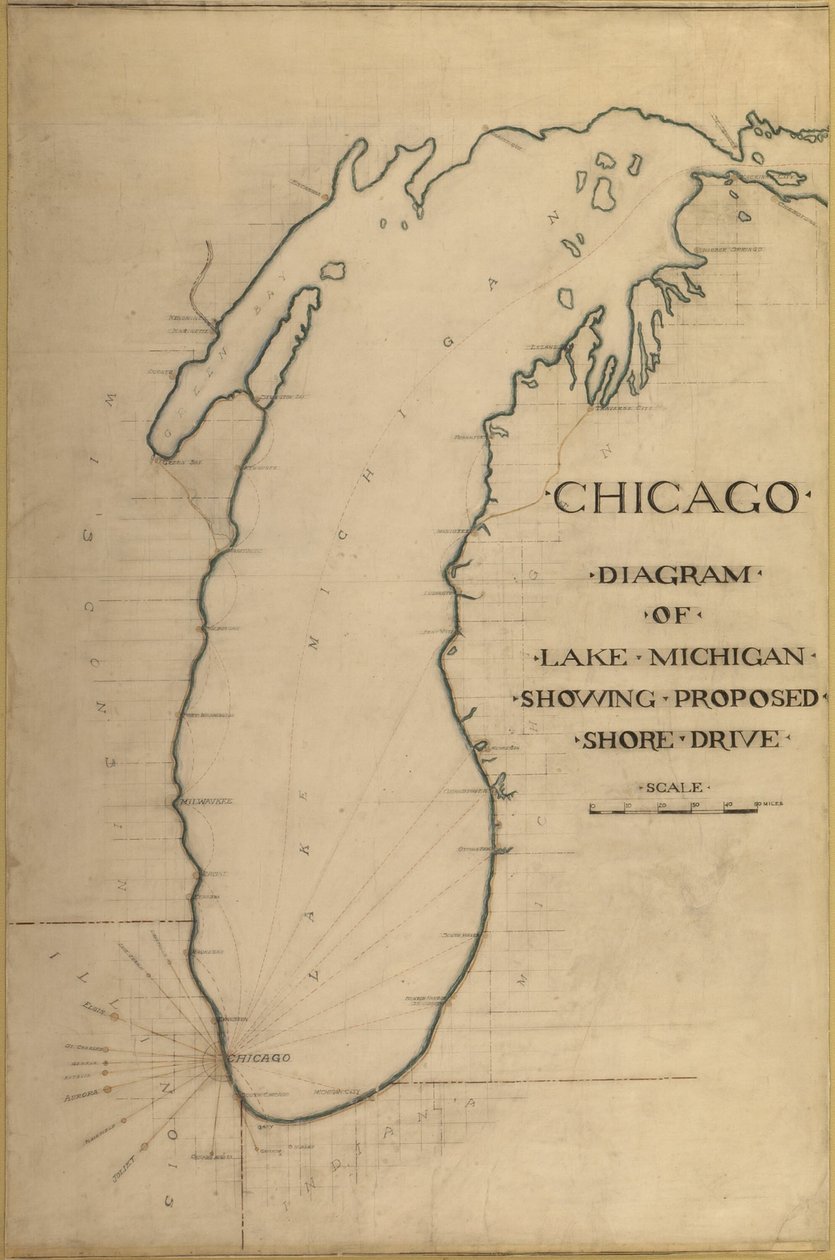 Plate 35 from Plan of Chicago 1909: Chicago, and Diagram of Lake Michigan. Proposed Roadway by Daniel Burnham