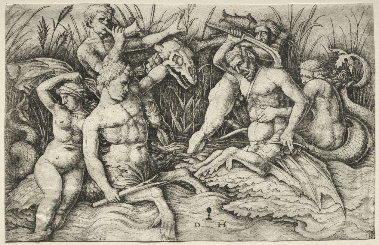Two Tritons Fighting - Battle of the Sea Gods (right portion) by Daniel Hopfer