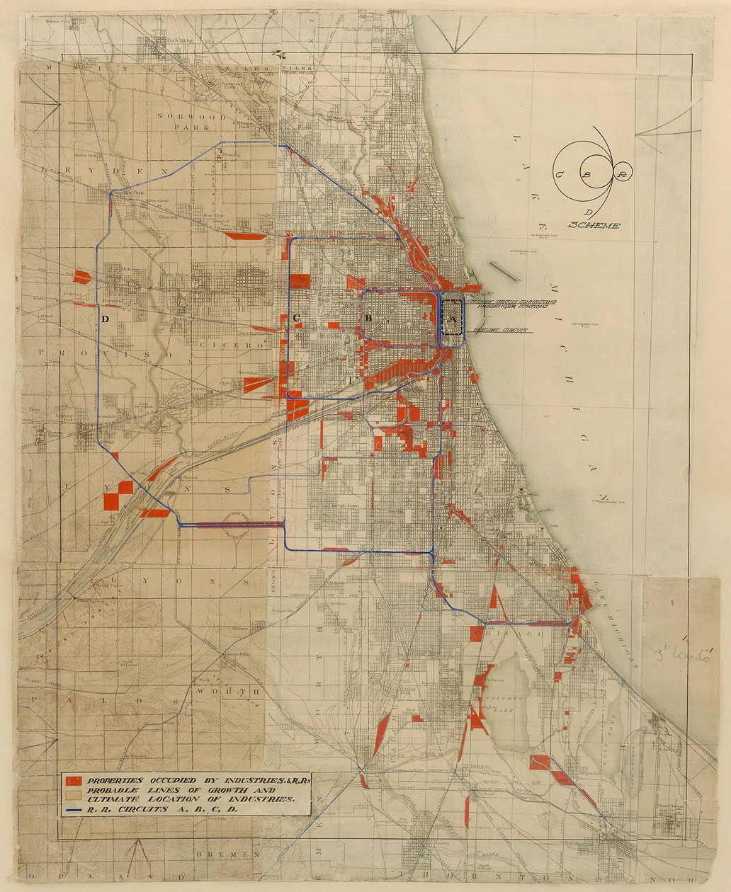 Plan of Chicago, Chicago, Illinois, Railroad Circuits Diagram by Daniel Hudson Burnham