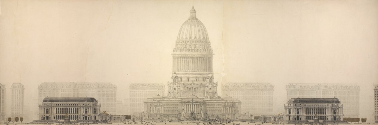 Plate 131 from The Plan of Chicago, 1909: Chicago. Elevation Showing the Group of Buildings Constituting the Proposed Civic Center by Daniel Hudson Burnham