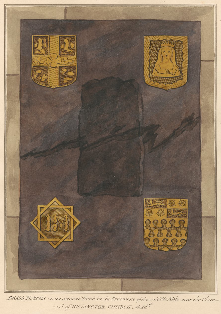 Brass Plates on an Unidentified Tomb in the Pavement of the Middle Aisle Near the Chancel by Daniel Lysons